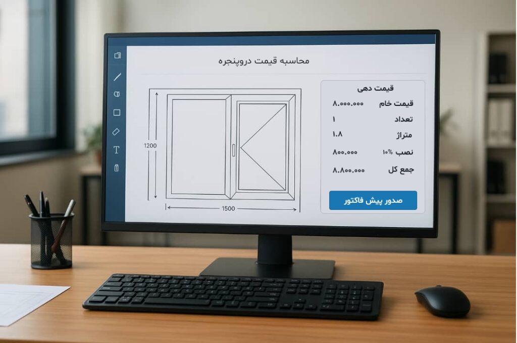 محیط نرمافزار طراحی و قیمتگذاری پنجره روی نرم افزار محاسبه قیمت درب و پنجره